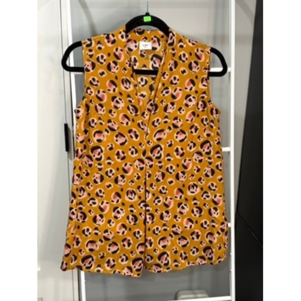 Cabi Prowl Sleeveless Blouse XS Mustard Yellow Pink Black Leopard Print Top 3792